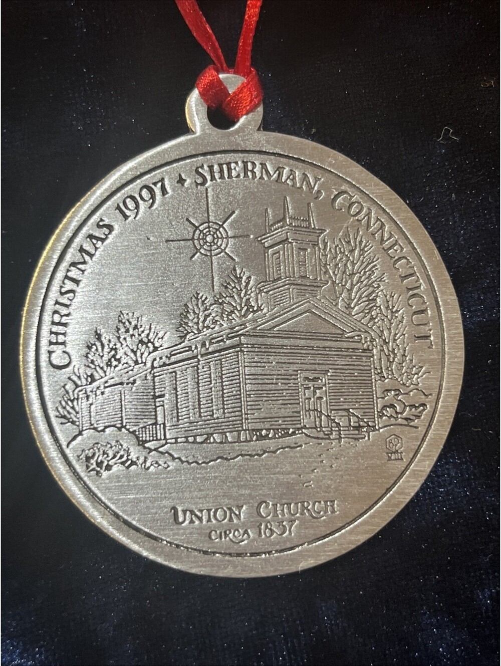 Vintage Pewter Christmas Ornament  Union Church Sherman Connecticut 1997